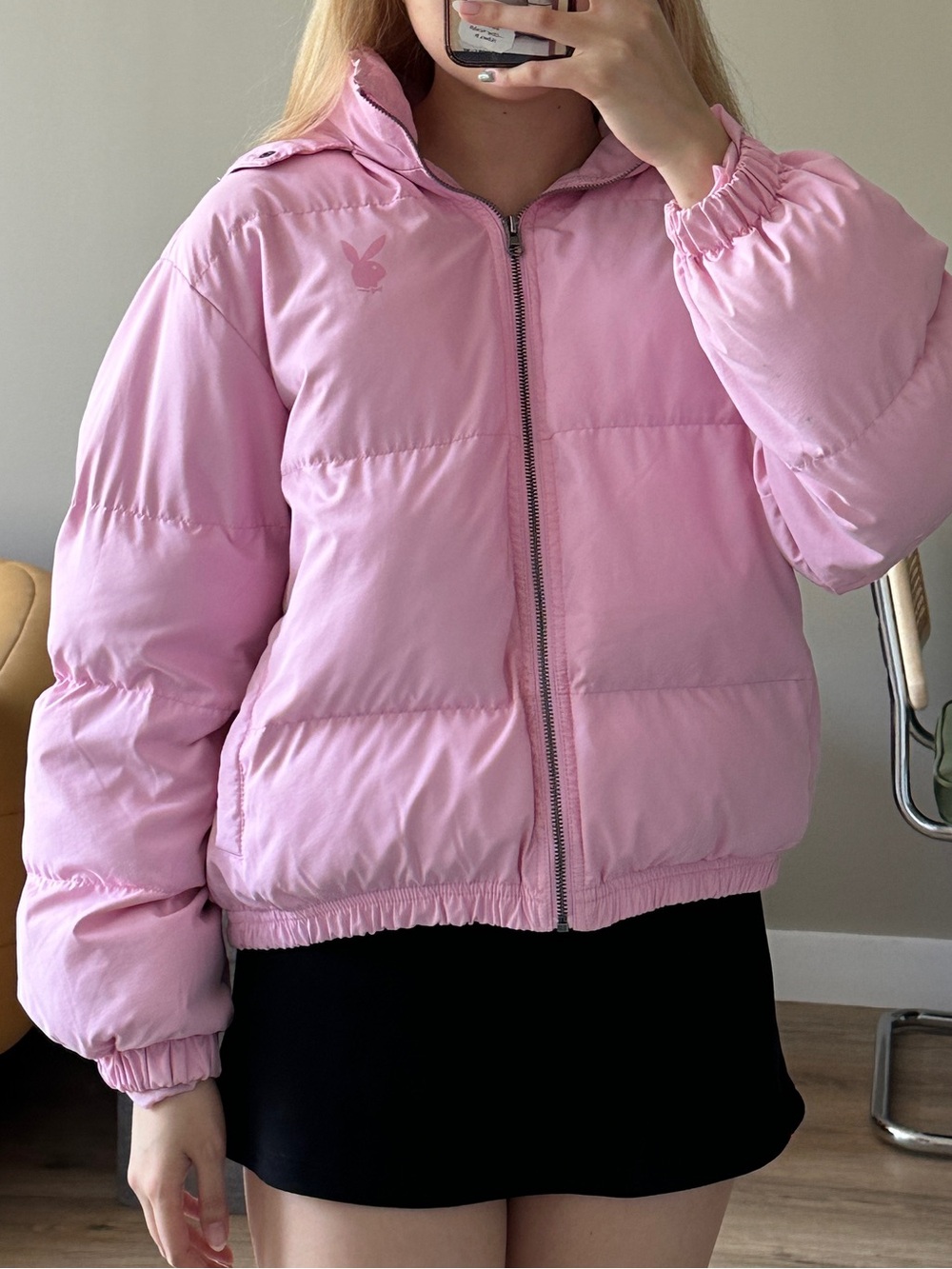 Playboy by PacSun light pink puffer jacket with hood and pockets.